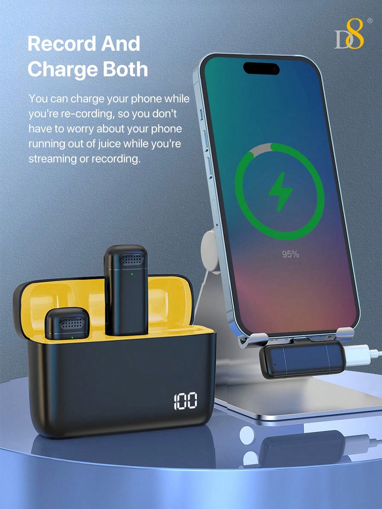 D8 Wireless Lavalier Mic, USB-C, 2-in-1, 70H Battery, With Charging Case