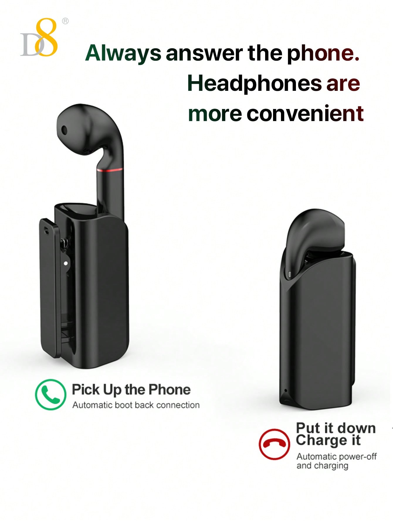 D8 Wireless Mic Earbuds, 5.0 Stereo Bass, USB-C, 5H Playtime for iOS/Android