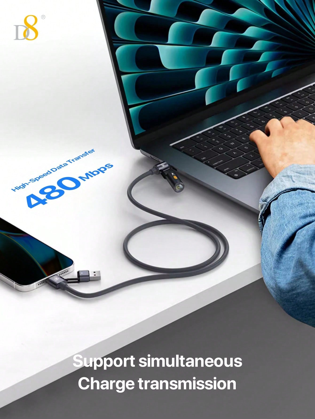 D8 240W 3-in-1 Charging Cable with LED Lamp, Fast USB-C for MacBook