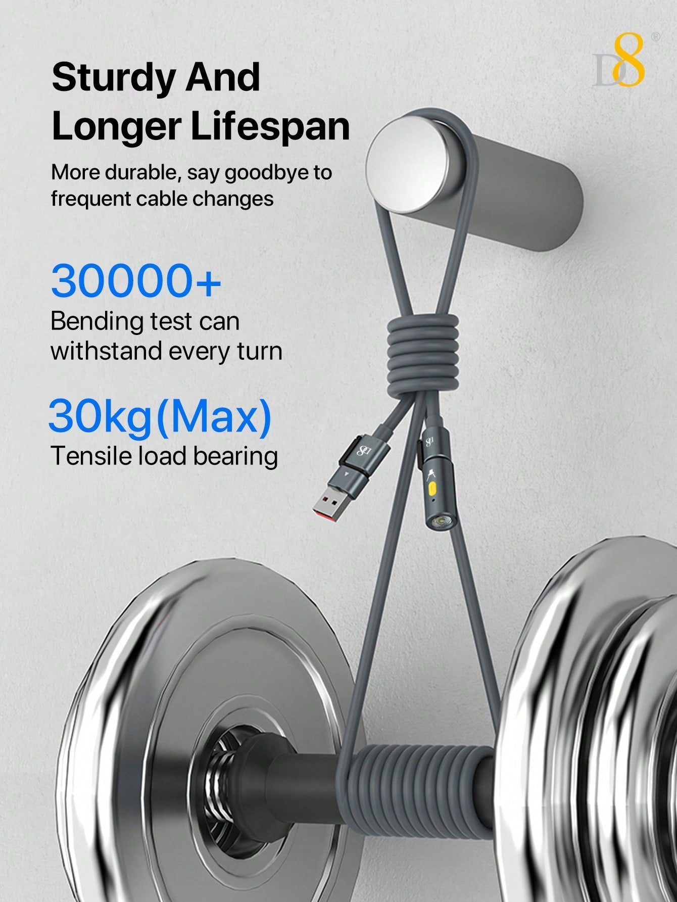D8 240W 3-in-1 Charging Cable with LED Lamp, Fast USB-C for MacBook