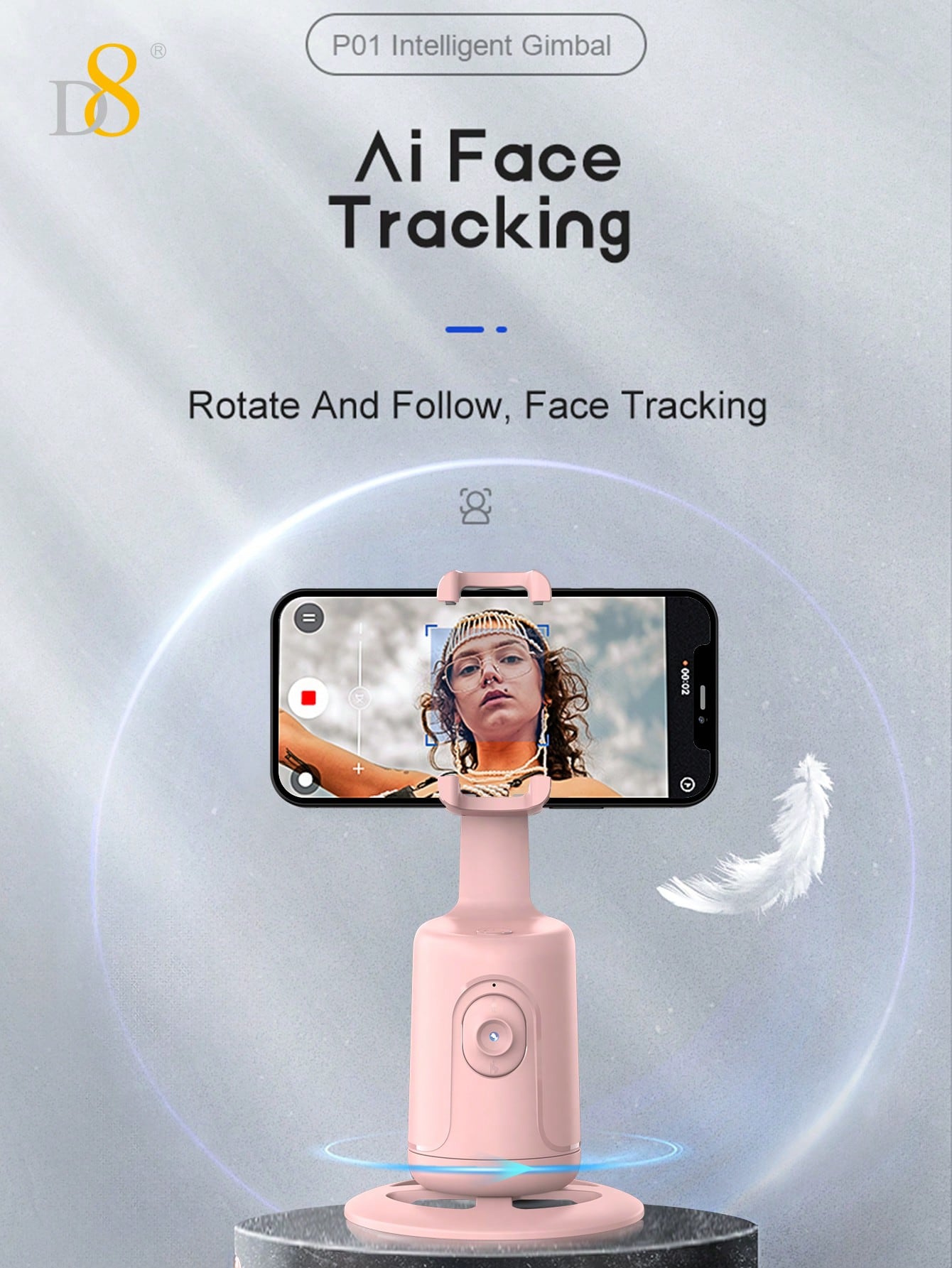 D8 AI Auto Face Tracking Phone Gimbal, 360° Intelligent Face Recognition Tracking,No APP, Intelligent Gesture Recognition,360° Horizontal And Vertical Shooting Of Mobile Phone Stand, 180° Front And Rear Shooting