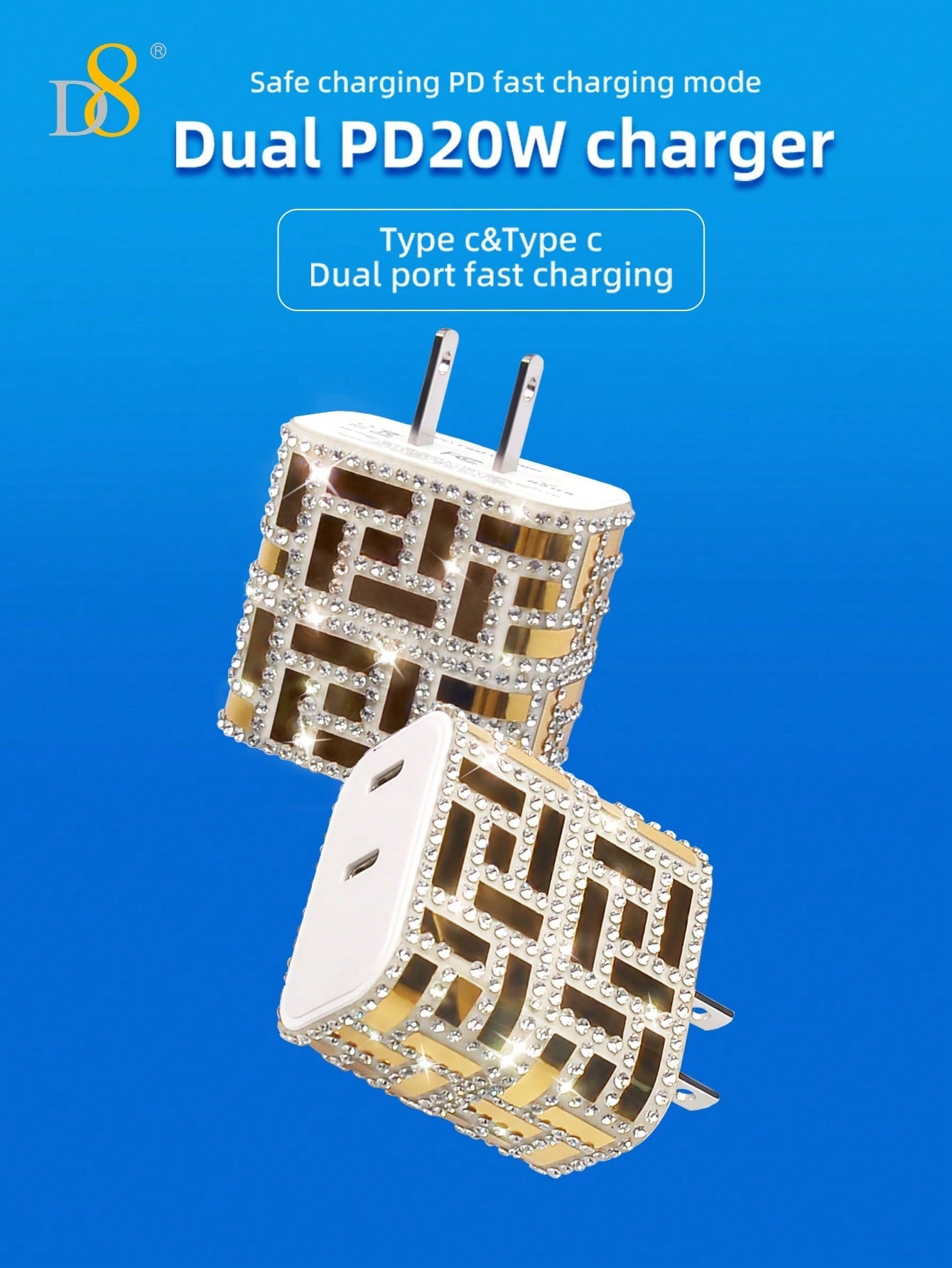 D8 Crystal USB-C Charger, 20W Dual Port, Fast Charge for iPhone 16/15