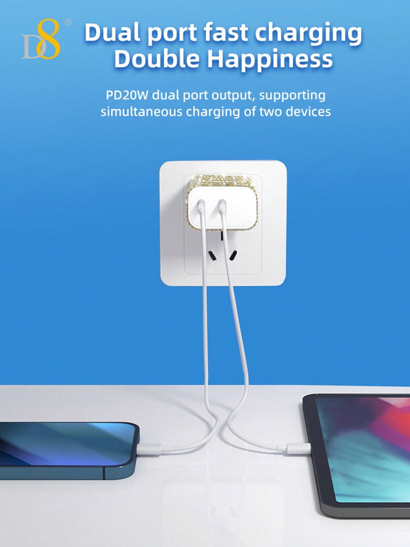 D8 Crystal USB-C Charger, 20W Dual Port, Fast Charge for iPhone 16/15