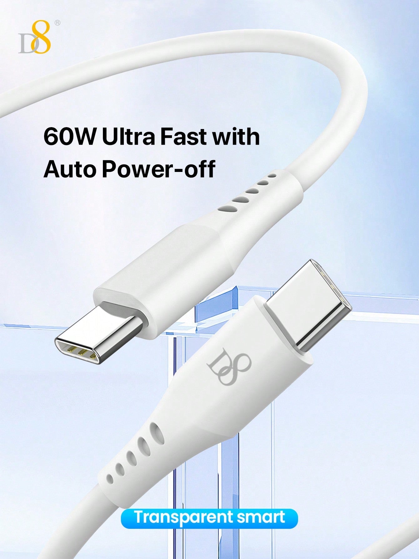 D8 USB-C Keychain Cable, 1.2M 60W Fast Charging, Durable & Compact Design