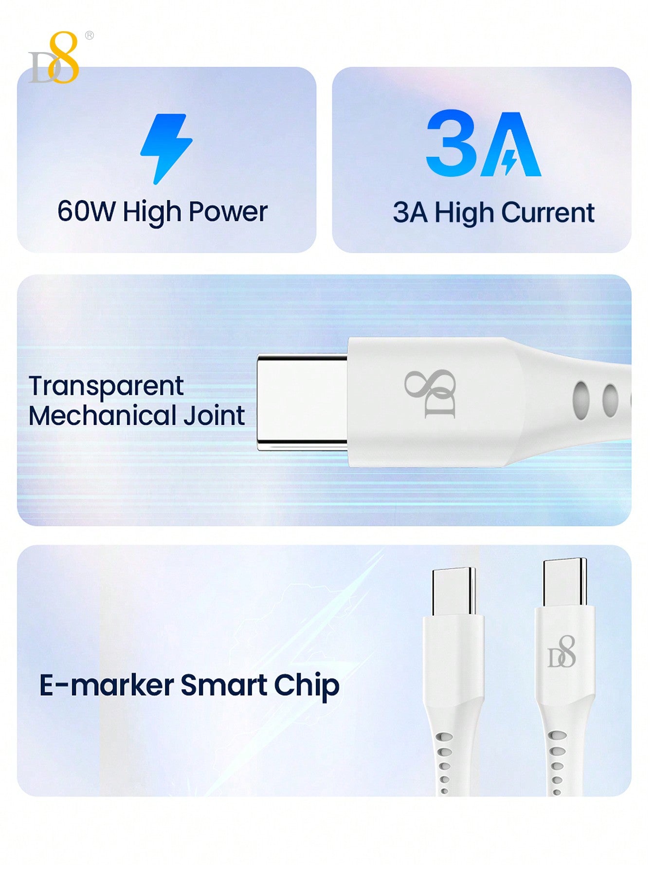 D8 USB-C Keychain Cable, 1.2M 60W Fast Charging, Durable & Compact Design