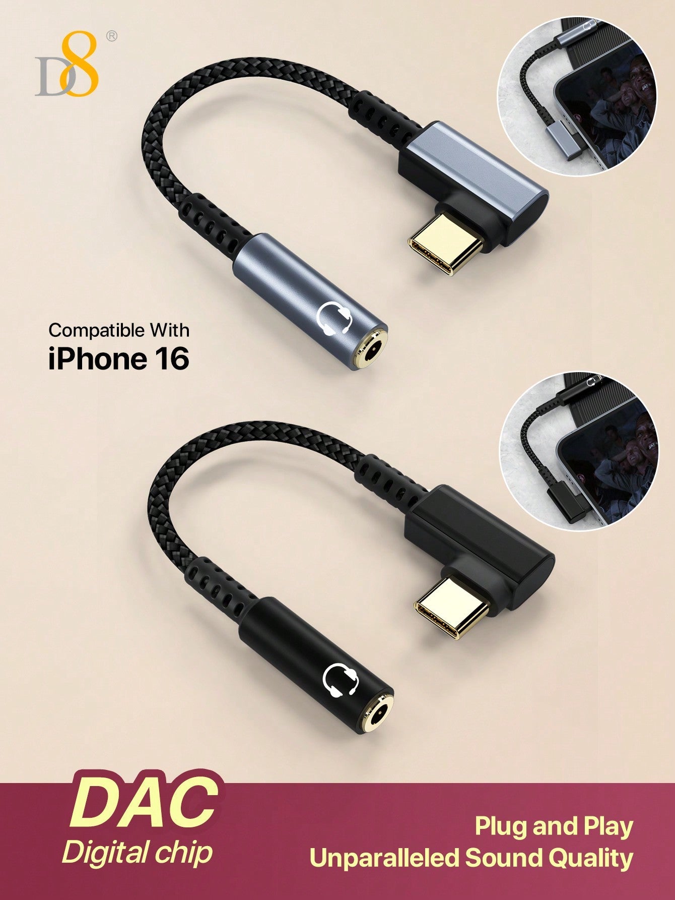 D8 USB-C to 3.5mm Adapter, Aux Audio Dongle for Smartphones & Tablets