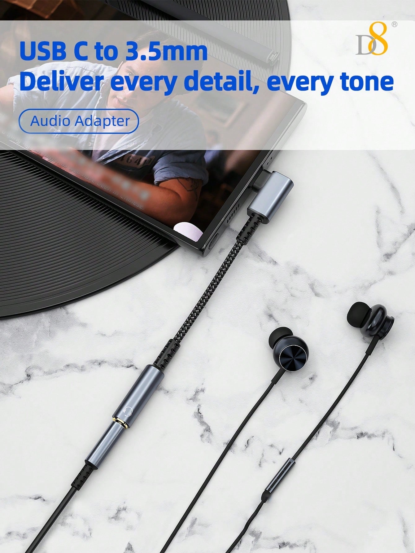 D8 USB-C to 3.5mm Adapter, Aux Audio Dongle for Smartphones & Tablets