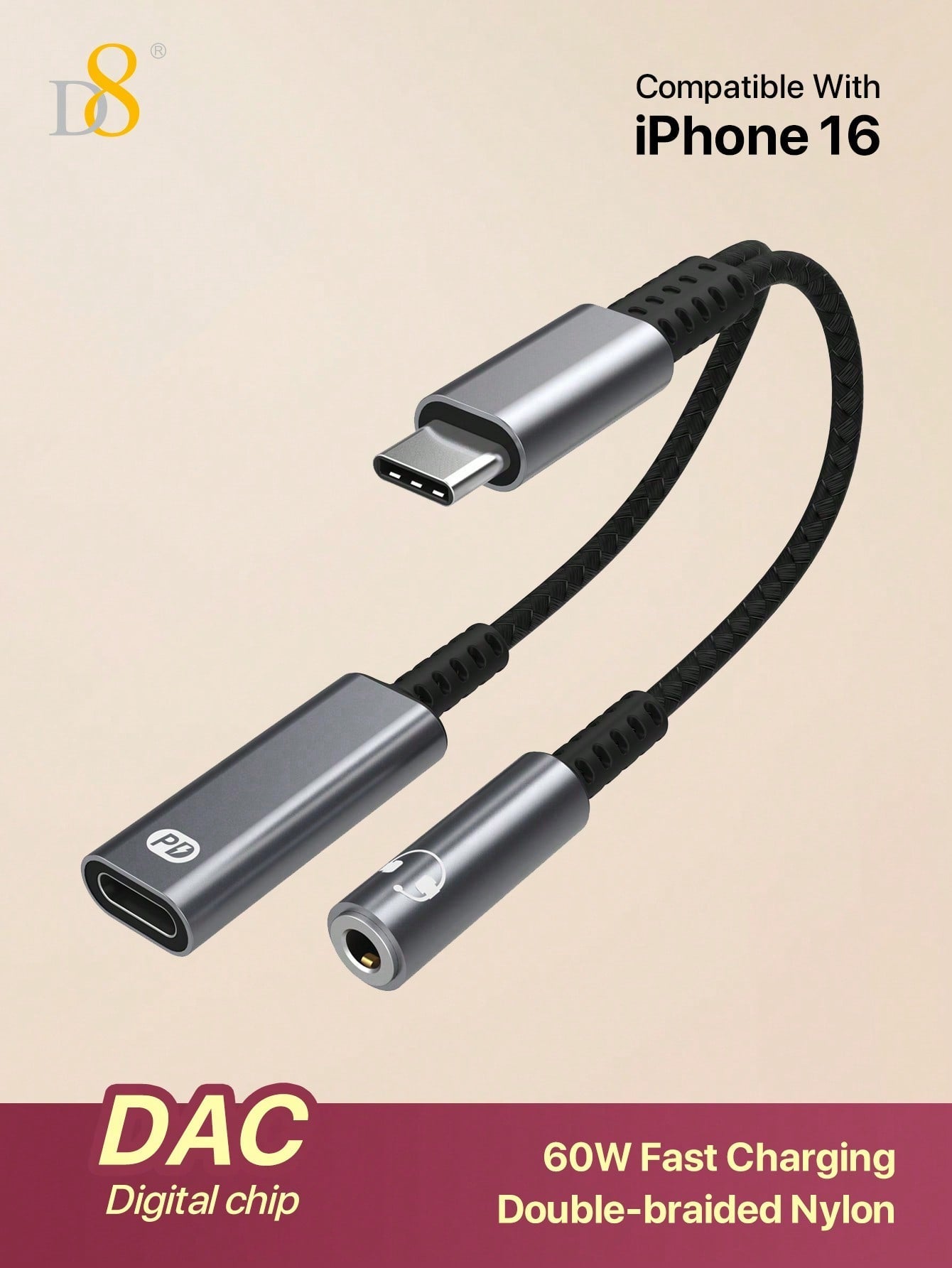 D8 USB-C to 3.5mm Adapter, 2-in-1 Audio + 60W Fast Charger for iPhone/Samsung