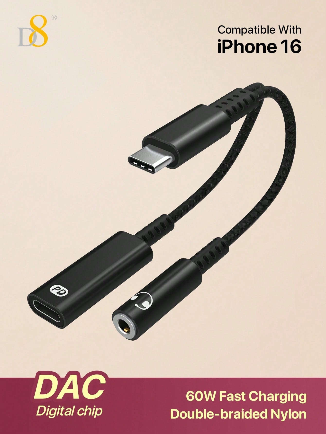 D8 USB C To 3.5mm Headphone And Charger Adapter,2 In 1 USB C To Aux Audio Jack With PD 60W Fast Charging Dongle Cable Cord,Compatible With16 / I Phone16 Pro / I Phone 16 Pro Max/ I Phone 15/15 Pro/15 Pro Max/15 Plus,IPad Pro, Air5, Air,S Amsung S23/S22+ G