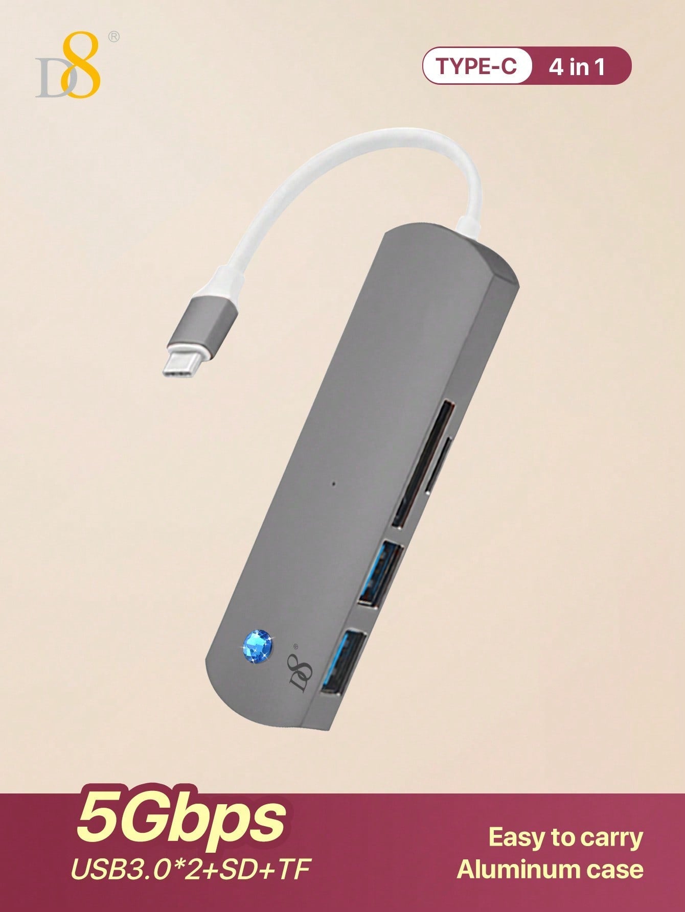 D8 4 In 1 USB C Hub Multiport Adapter With USB-C And 2 USB A 3.0 5Gbps, SD/TF Card Reader, Aluminum USB C To USB Hub For I Phone 16/15 Series, Pro 2021/2019/2018,Chromebook Pixel Matebook Ulti USB Port Hub For Windows, Ipad Pro, Chromebook
