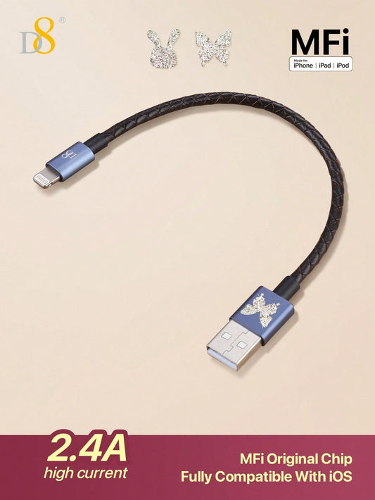 D8 Genuine Leather Short I Phone Charging Cable, USB A To Lightning Cable [MFi Certified] Genuine Leather Braided Short I Phone Charger Cord For Fast Charging Stations, For I Phone 14/13/12/11 Pro/XS/XR/X/8/7 /Plus/IPad Genuine Leather I Phone Charging Ca