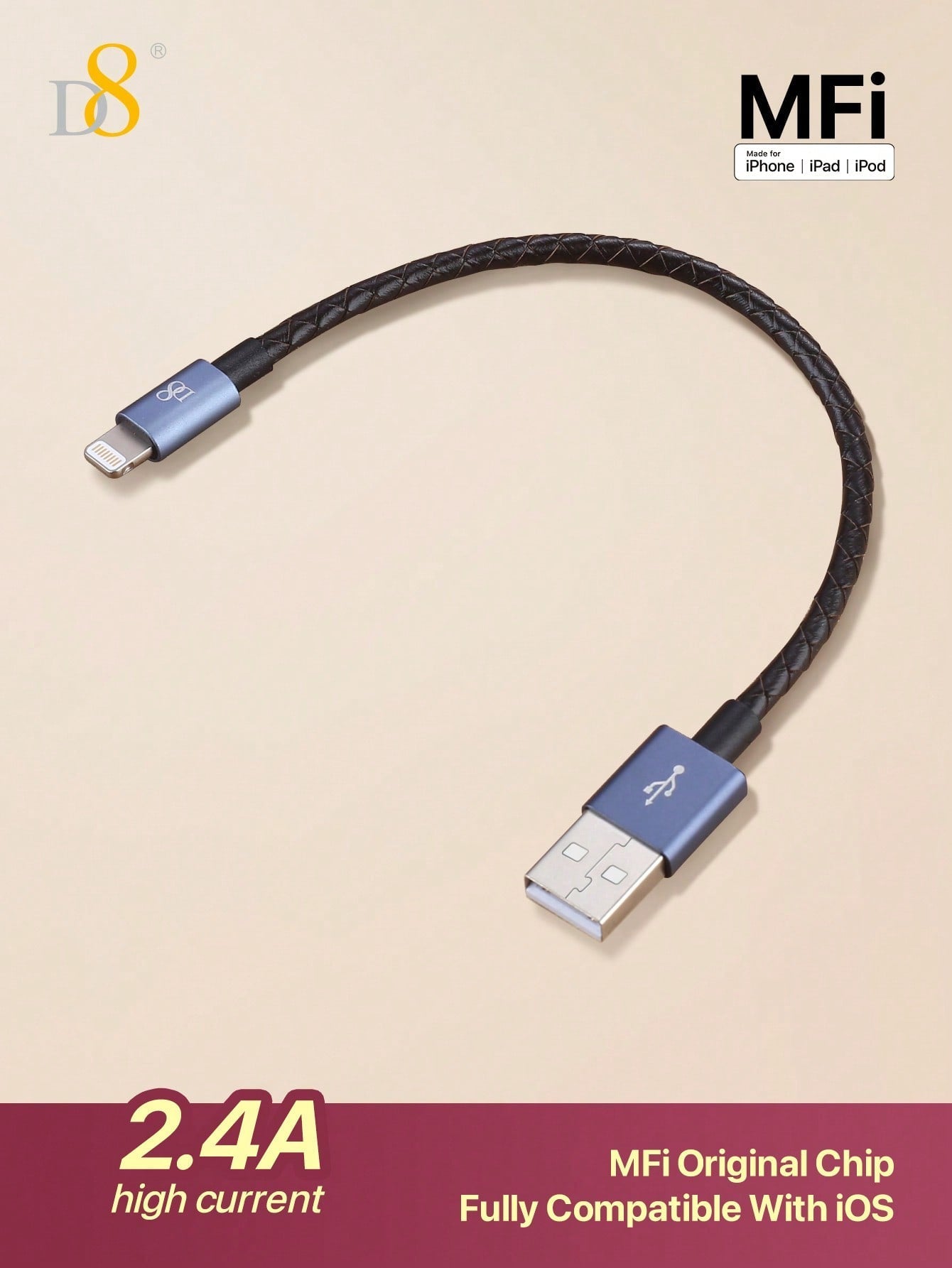 D8 Genuine Leather Short I Phone Charging Cable, USB A To Lightning Cable [MFi Certified] Genuine Leather Braided Short I Phone Charger Cord For Fast Charging Stations, For I Phone 14/13/12/11 Pro/XS/XR/X/8/7 /Plus/IPad Genuine Leather I Phone Charging Ca