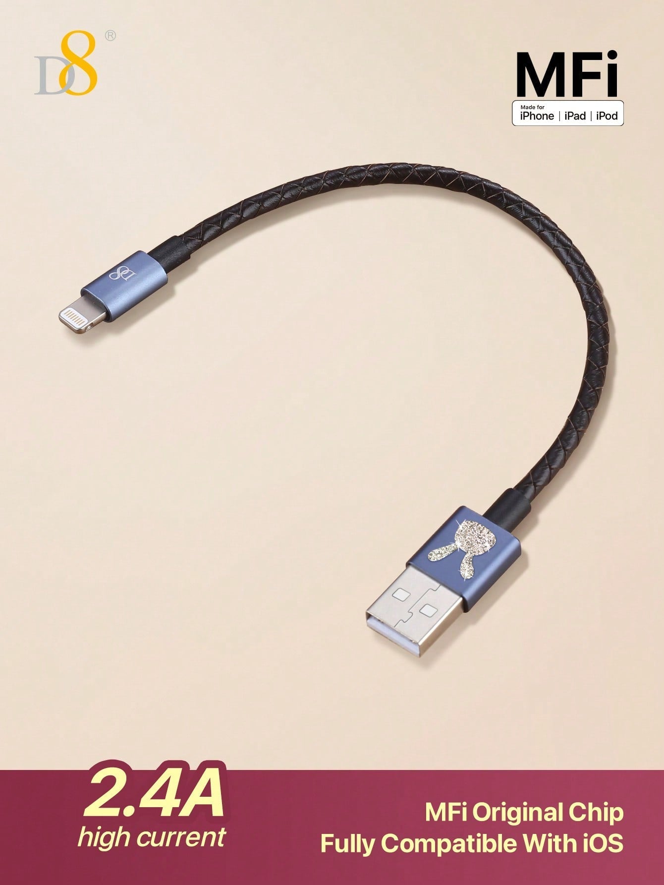 D8 Genuine Leather Short I Phone Charging Cable, USB A To Lightning Cable [MFi Certified] Genuine Leather Braided Short I Phone Charger Cord For Fast Charging Stations, For I Phone 14/13/12/11 Pro/XS/XR/X/8/7 /Plus/IPad Genuine Leather I Phone Charging Ca