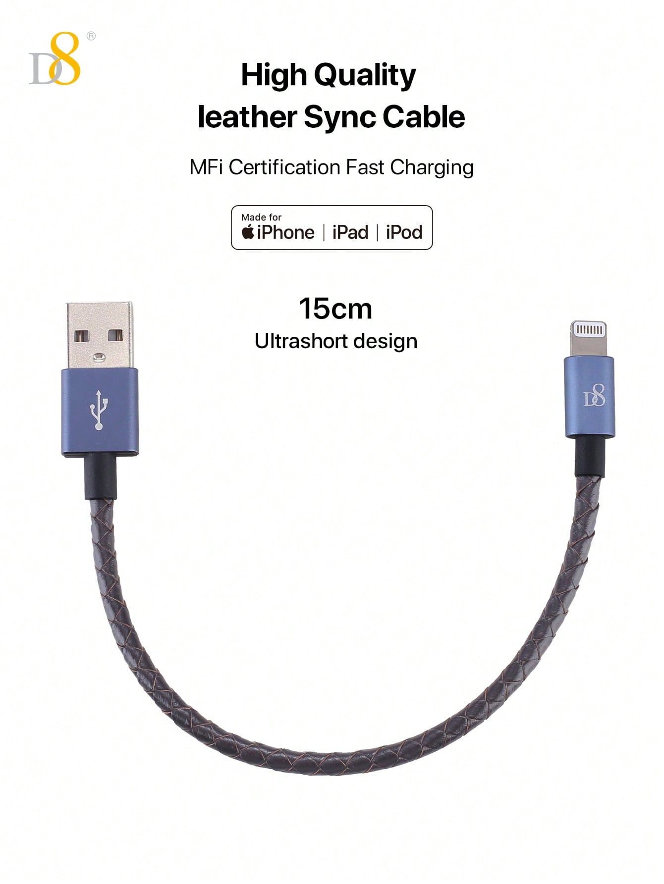 D8 Genuine Leather Short I Phone Charging Cable, USB A To Lightning Cable [MFi Certified] Genuine Leather Braided Short I Phone Charger Cord For Fast Charging Stations, For I Phone 14/13/12/11 Pro/XS/XR/X/8/7 /Plus/IPad Genuine Leather I Phone Charging Ca