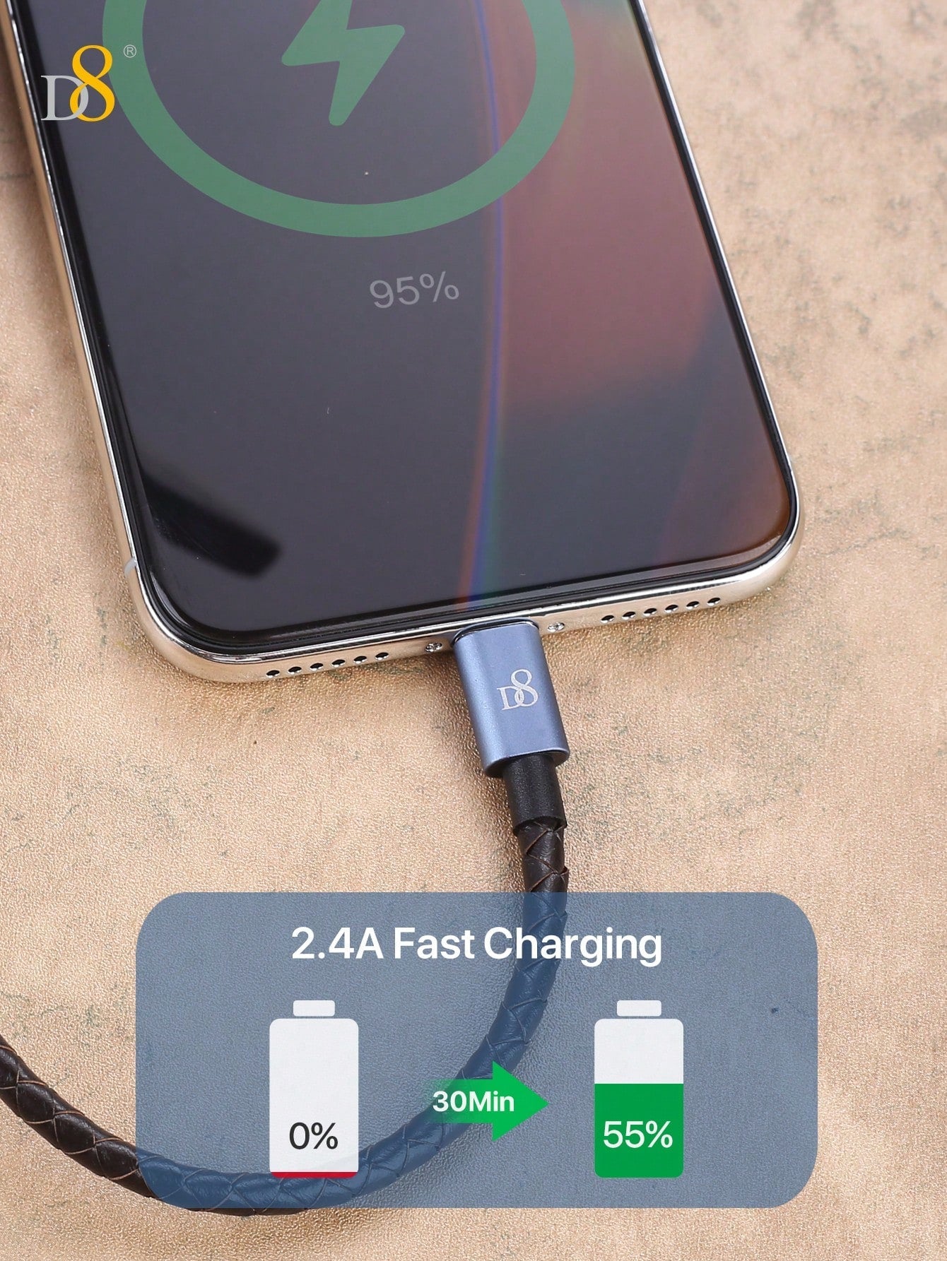 D8 Genuine Leather Short I Phone Charging Cable, USB A To Lightning Cable [MFi Certified] Genuine Leather Braided Short I Phone Charger Cord For Fast Charging Stations, For I Phone 14/13/12/11 Pro/XS/XR/X/8/7 /Plus/IPad Genuine Leather I Phone Charging Ca