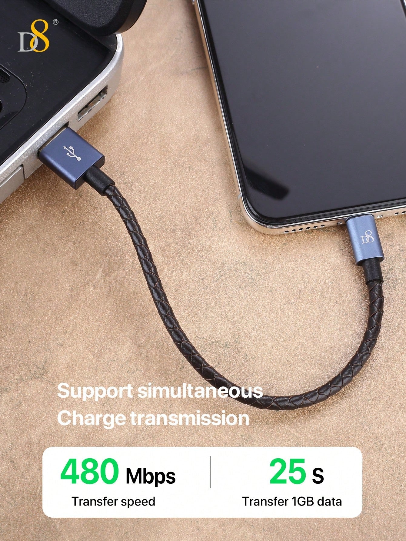 D8 Genuine Leather Short I Phone Charging Cable, USB A To Lightning Cable [MFi Certified] Genuine Leather Braided Short I Phone Charger Cord For Fast Charging Stations, For I Phone 14/13/12/11 Pro/XS/XR/X/8/7 /Plus/IPad Genuine Leather I Phone Charging Ca