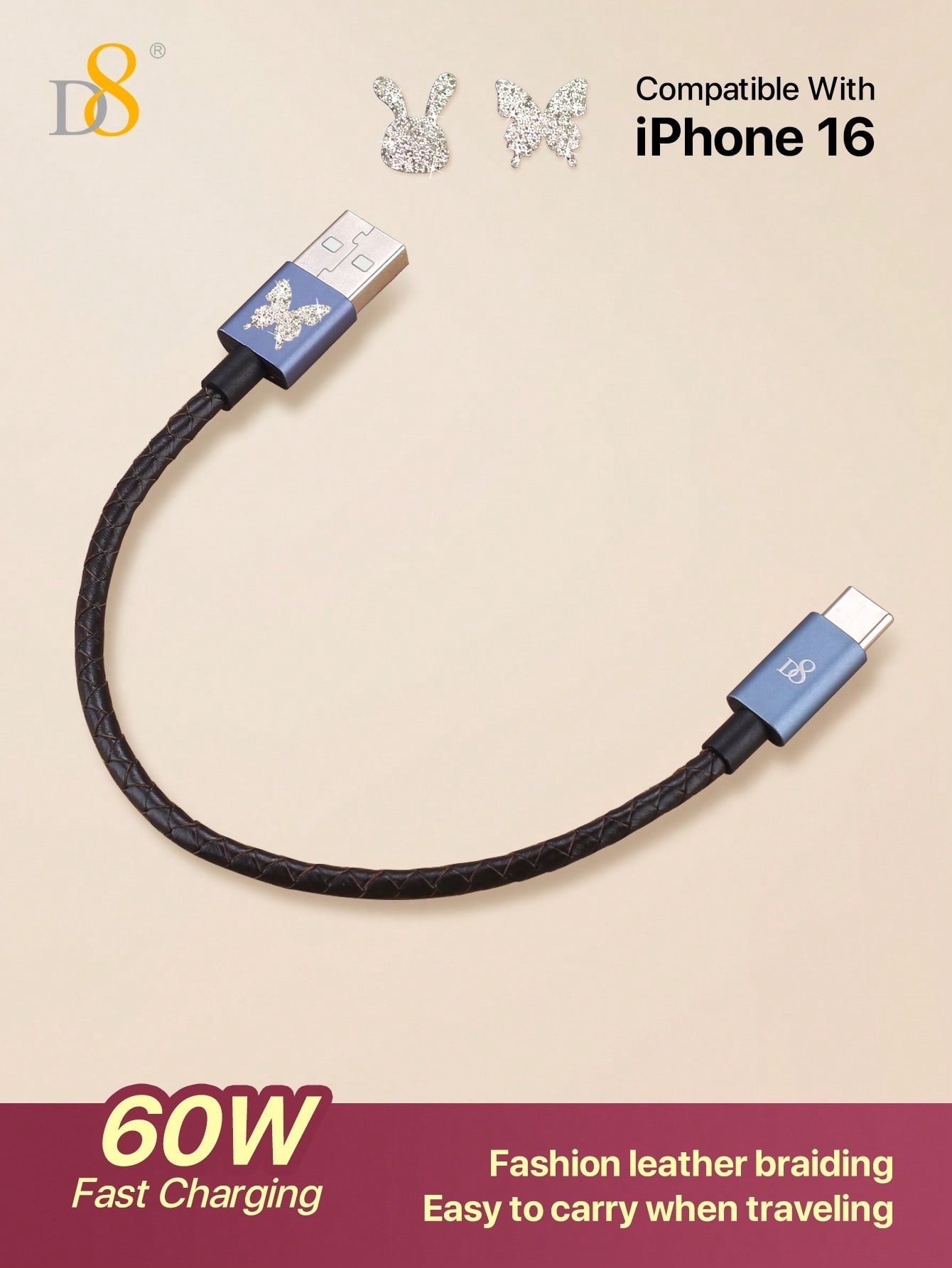 D8 Genuine Leather Short Type-C Charging Cable, (60W /0.2m )USB A To USB C Cable Compatible With I Phone16 / I Phone16 Pro / I Phone 16 Pro Max /15, Galaxy A10e A20 A50 A51 A71, S20 S10 S9 S8 Plus,Note 9 8,A11 A20 A51, G6 G7 V30 V35