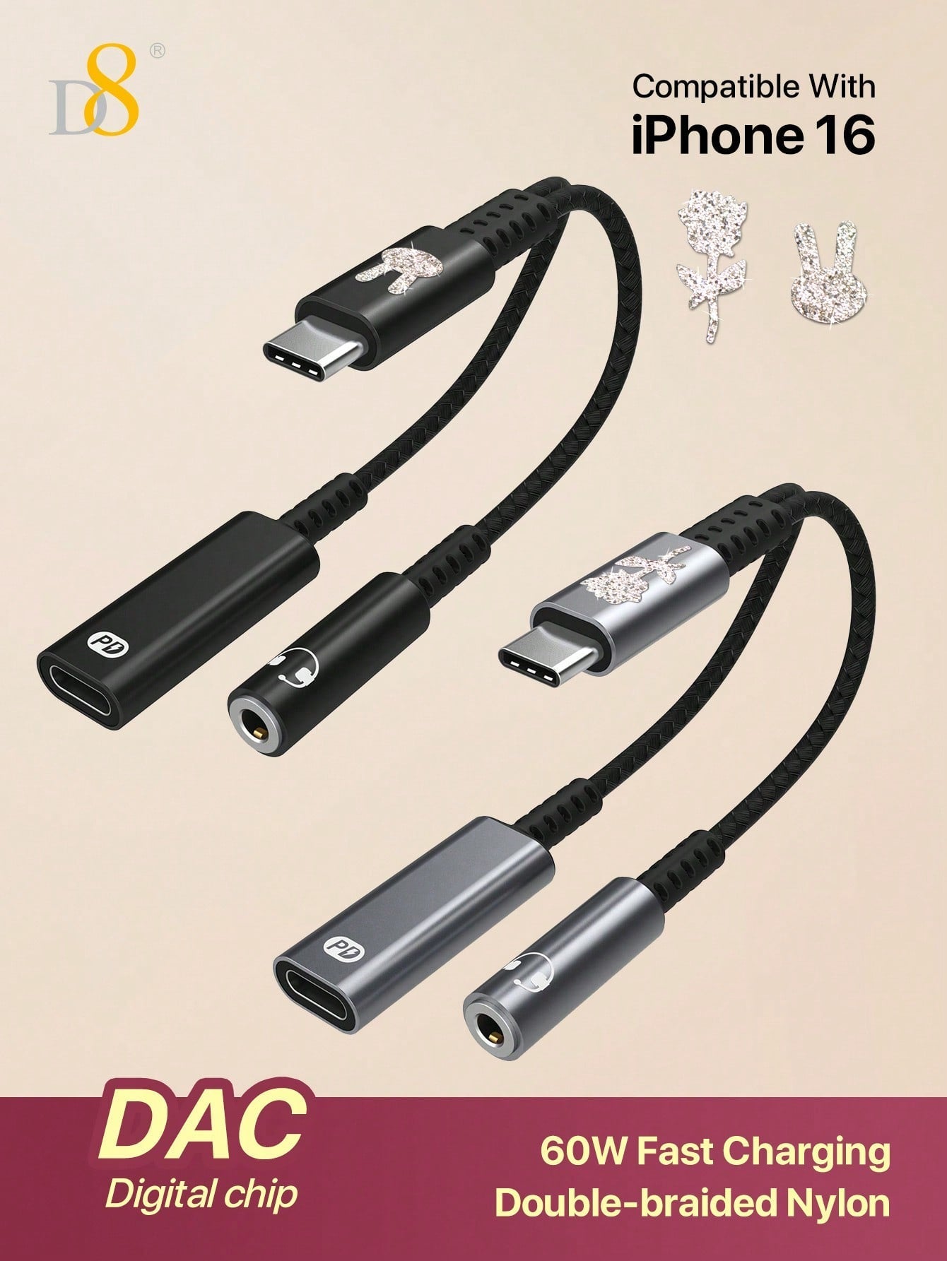 D8 USB C To 3.5mm Headphone And Charger Adapter,2 In 1 USB C To Aux Audio Jack With PD 60W Fast Charging Dongle Cable Cord,Compatible With16 / I Phone16 Pro / I Phone 16 Pro Max/ I Phone 15/15 Pro/15 Pro Max/15 Plus,IPad Pro, Air5, Air,S Amsung S23/S22+ G