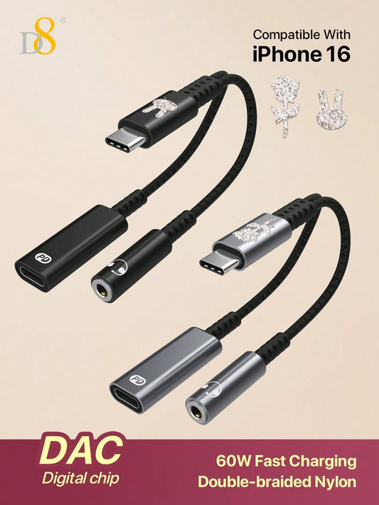 D8 USB C To 3.5mm Headphone And Charger Adapter,2 In 1 USB C To Aux Audio Jack With PD 60W Fast Charging Dongle Cable Cord,Compatible With16 / I Phone16 Pro / I Phone 16 Pro Max/ I Phone 15/15 Pro/15 Pro Max/15 Plus,IPad Pro, Air5, Air,S Amsung S23/S22+ G
