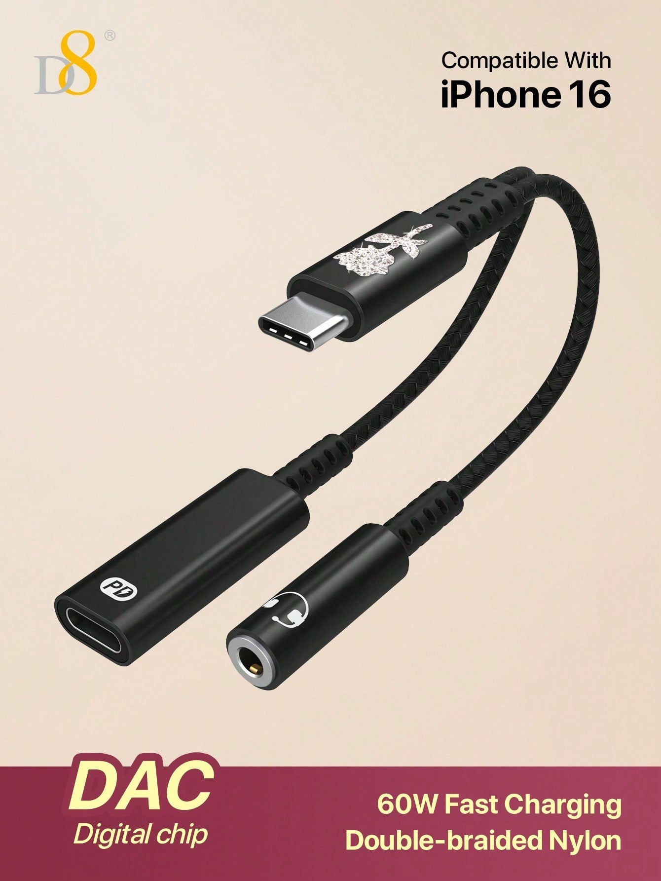 D8 USB C To 3.5mm Headphone And Charger Adapter,2 In 1 USB C To Aux Audio Jack With PD 60W Fast Charging Dongle Cable Cord,Compatible With16 / I Phone16 Pro / I Phone 16 Pro Max/ I Phone 15/15 Pro/15 Pro Max/15 Plus,IPad Pro, Air5, Air,S Amsung S23/S22+ G