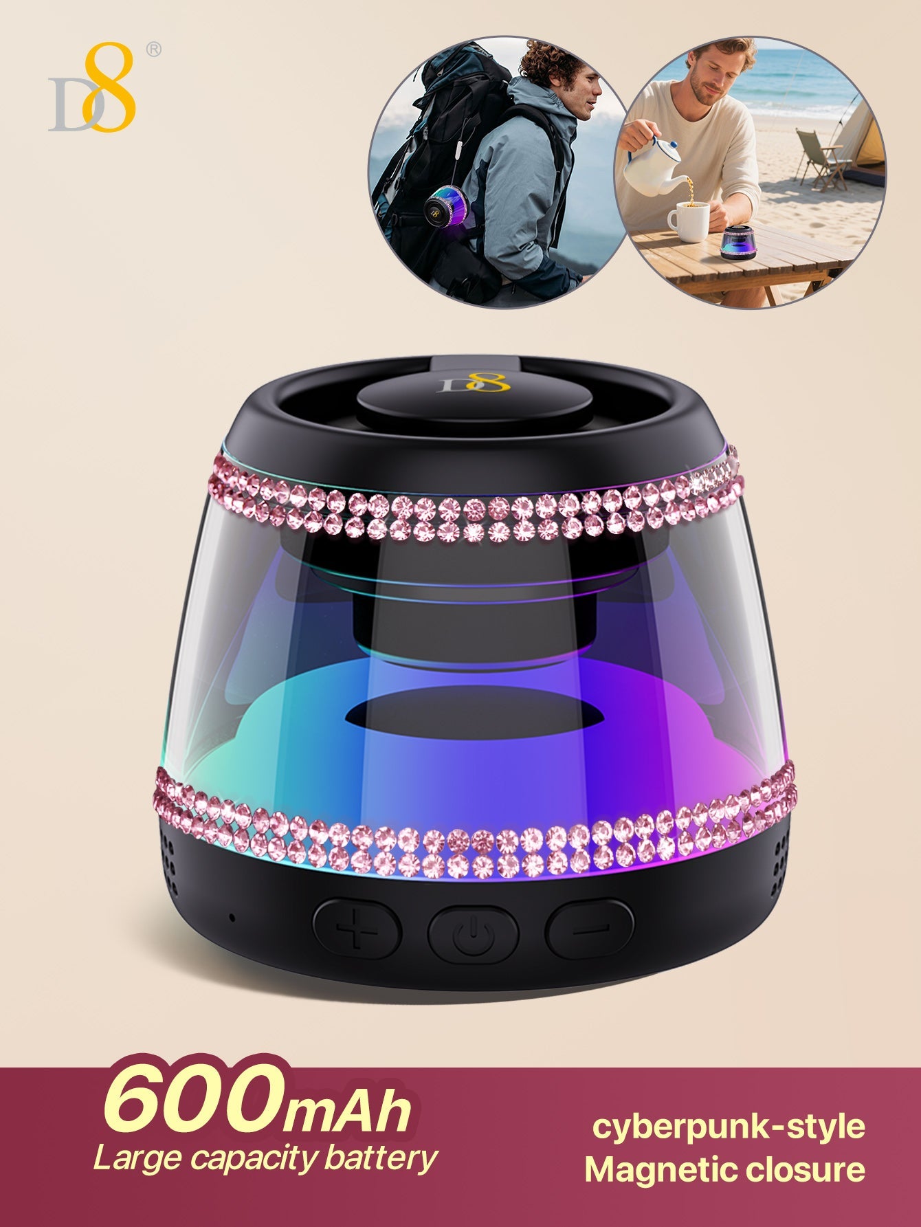 D8 Wireless Induction Magnetic Bluetooth Speaker, Portable Mini Bluetooth Loudspeaker with Bass Diaphragm, 5W Internal-Magnet, 10H Playtime, RGB Light, Including Magnetic Ring and Lanyard, Silicone folding air cabinInnovative folding airbag structure
