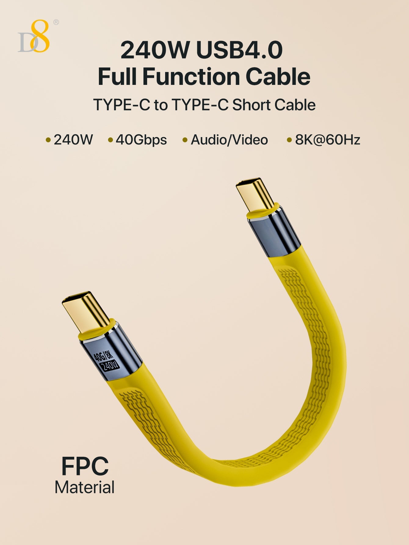 D8 Type-C flat cable USB4 short cable 240W fast charging 8K screen projection 40Gb full-function FPC flexible data cable, Type C Male to Male Flat Data Short Cable 8K@60Hz Audio/Video,48V/5A Charging, for Smartphone Power Bank Laptop Tablet,13cm/5.1in
