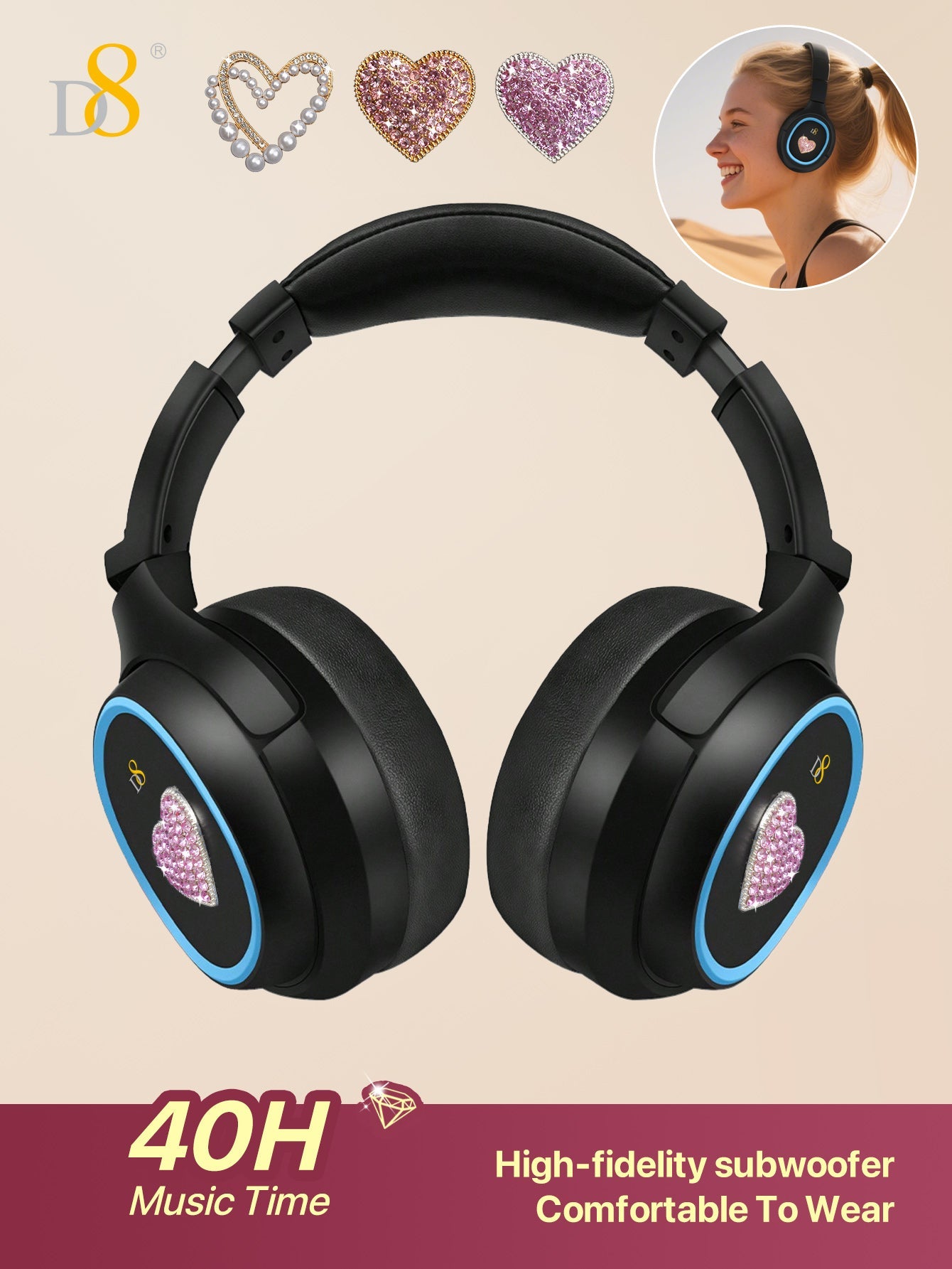 D8 Wireless  Headphones Over-Ear, with Microphone, 3.5MM Wired Stereo Headset Micro SD/TF, PC,Soft Earmuffs &Light Weight for Prolonged Wearing，Deep Bass for Home Office Cellphone PC Ect. Holiday Gift Valentine's Day Gift Christmas Gifts,Must-Haves
