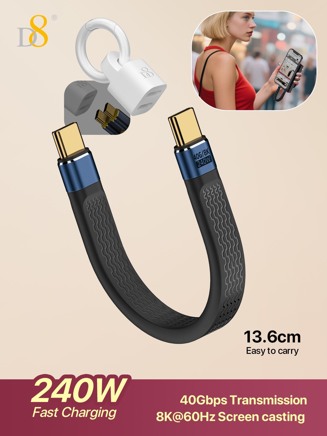 D8 Type-C flat cable USB4 short cable 240W fast charging 8K screen projection 40Gb full-function FPC flexible data cable, Type C Male to Male Flat Data Short Cable 8K@60Hz Audio/Video,48V/5A Charging, for Smartphone Power Bank Laptop Tablet,13cm/5.1in
