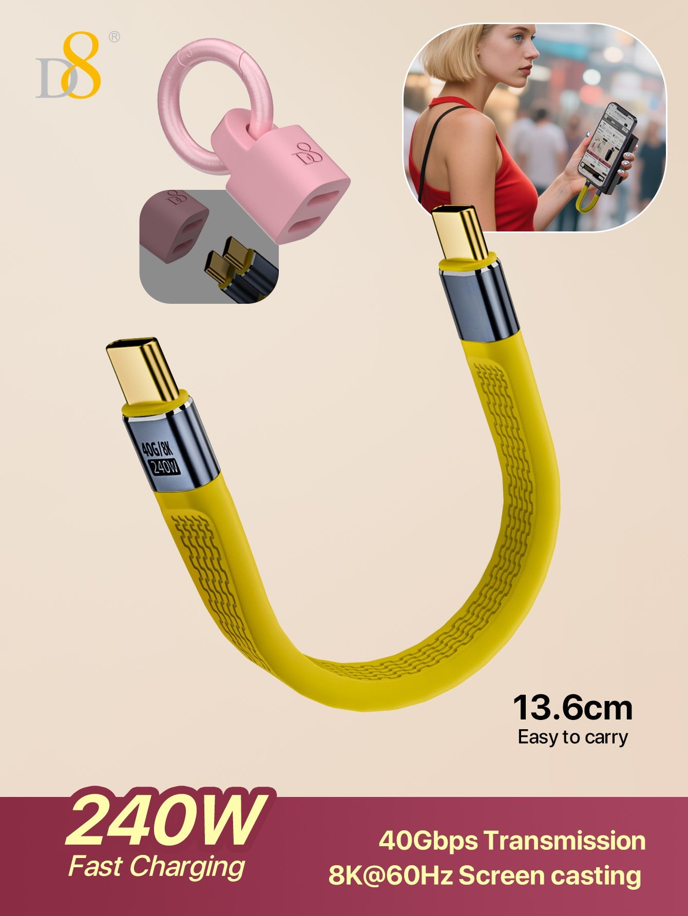 D8 Type-C flat cable USB4 short cable 240W fast charging 8K screen projection 40Gb full-function FPC flexible data cable, Type C Male to Male Flat Data Short Cable 8K@60Hz Audio/Video,48V/5A Charging, for Smartphone Power Bank Laptop Tablet,13cm/5.1in