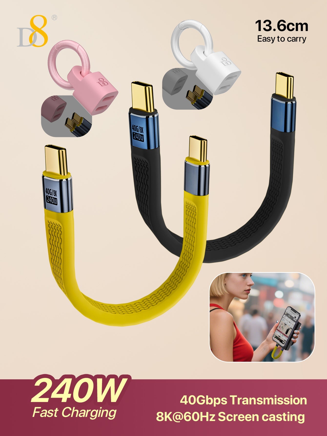 D8 Type-C flat cable USB4 short cable 240W fast charging 8K screen projection 40Gb full-function FPC flexible data cable, Type C Male to Male Flat Data Short Cable 8K@60Hz Audio/Video,48V/5A Charging, for Smartphone Power Bank Laptop Tablet,13cm/5.1in