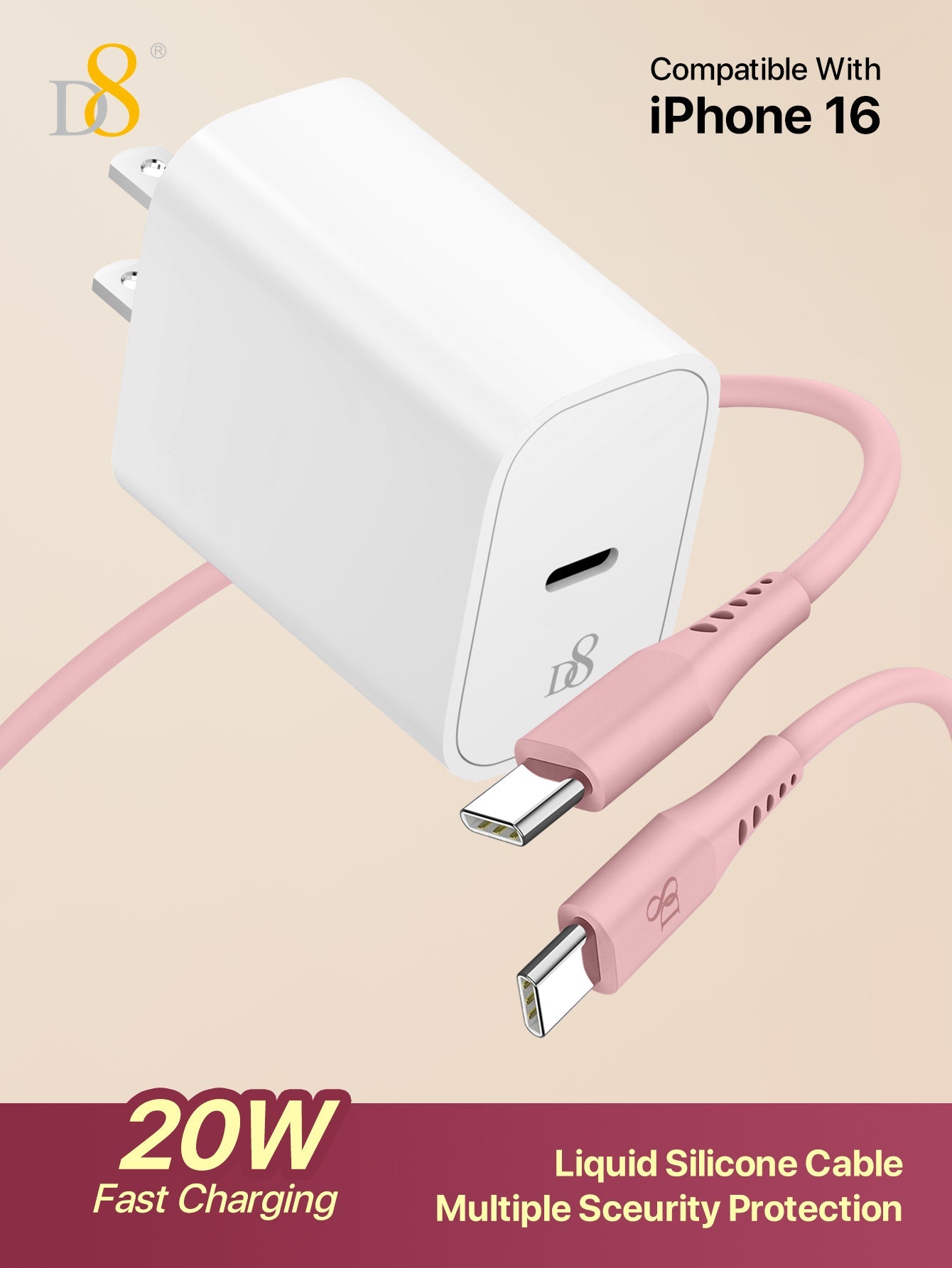 D8 PD20W USB C Fast Charger, PD Power Wall Charger,USB C to USB C Cable , iPhone15 Charger Fast Charging,3.3ft Long USB-C to USBC Power Cord Compatible with iPhone16/16pro/ 15/15 Pro/15 Plus/15 Pro Max, iPad Pro/Air/Mini MacBook, Galaxy S23+/S22 S21 S20