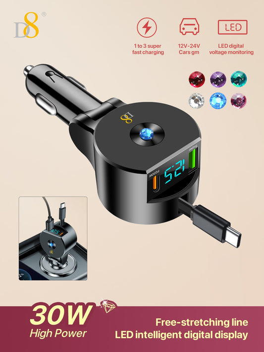 D8 New folding and retractable cable PD+QC3.0 car charging fast charging USB-C PD:30W, Gifts for Men Women Car Accessories, 3in 1 Travel Essentials Multi Charging, for iPhone 16/15/14/13 iPad MacBook S amsung S24/S23+ Multiple Chargers for All Devices
