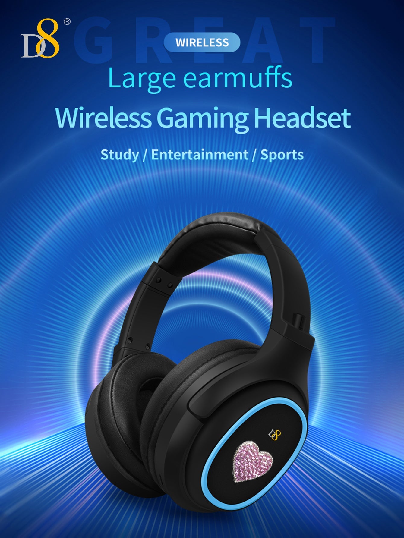 D8 Wireless  Headphones Over-Ear, with Microphone, 3.5MM Wired Stereo Headset Micro SD/TF, PC,Soft Earmuffs &Light Weight for Prolonged Wearing，Deep Bass for Home Office Cellphone PC Ect. Holiday Gift Valentine's Day Gift Christmas Gifts,Must-Haves