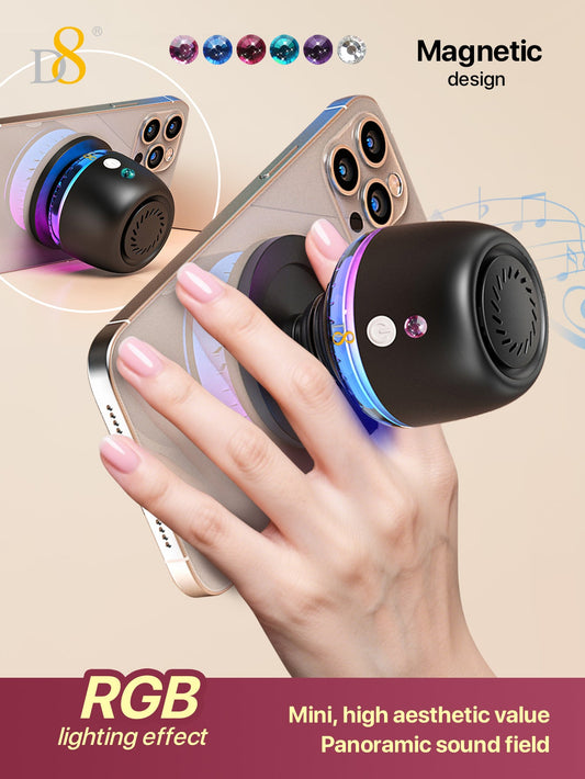 D8 Wireless Induction Magnetic Bluetooth Speaker, Portable Mini Bluetooth Loudspeaker with Bass Diaphragm, 5W Internal-Magnet, 10H Playtime, RGB Light, Including Magnetic Ring and Lanyard, Silicone folding air cabinInnovative folding airbag structure