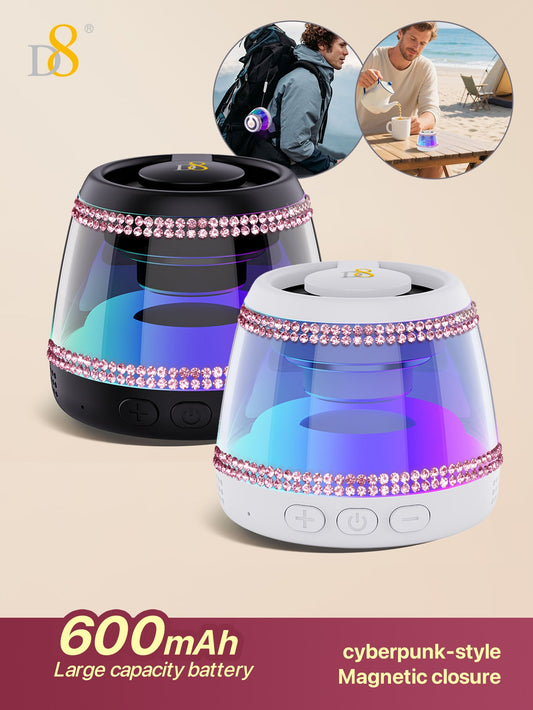 D8 Wireless Induction Magnetic Bluetooth Speaker, Portable Mini Bluetooth Loudspeaker with Bass Diaphragm, 5W Internal-Magnet, 10H Playtime, RGB Light, Including Magnetic Ring and Lanyard, Silicone folding air cabinInnovative folding airbag structure