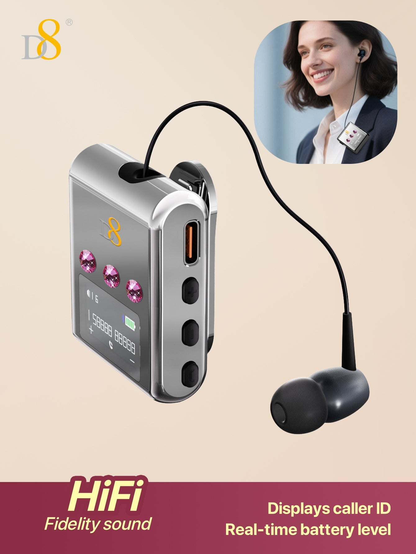 D8 Retractable Wireless Headset ,LED Display Over-Ear Buds,Headphone Stereo Earphone  Noise Cancelling Mic Clip on Earpiece Comfortable HandsFree Headset 20Hrs Talking Time Sports Business Trucker Driver Earbud