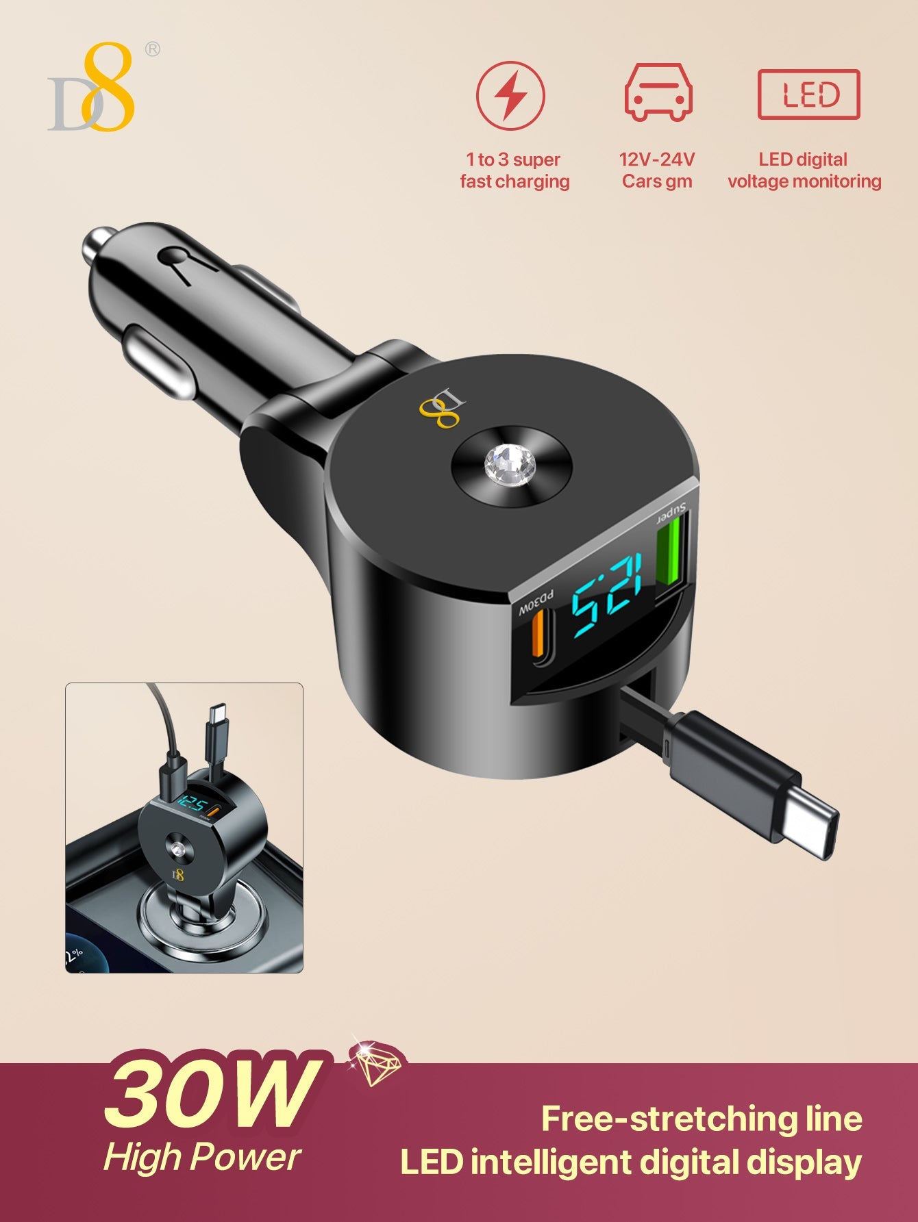 D8 New folding and retractable cable PD+QC3.0 car charging fast charging USB-C PD:30W, Gifts for Men Women Car Accessories, 3in 1 Travel Essentials Multi Charging, for iPhone 16/15/14/13 iPad MacBook S amsung S24/S23+ Multiple Chargers for All Devices