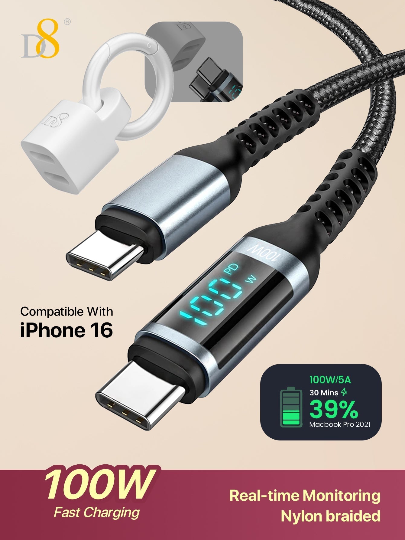 D8 USB-C Cable, 1.2M, 100W/5A Fast Charge, LED Display for iPhone & Samsung