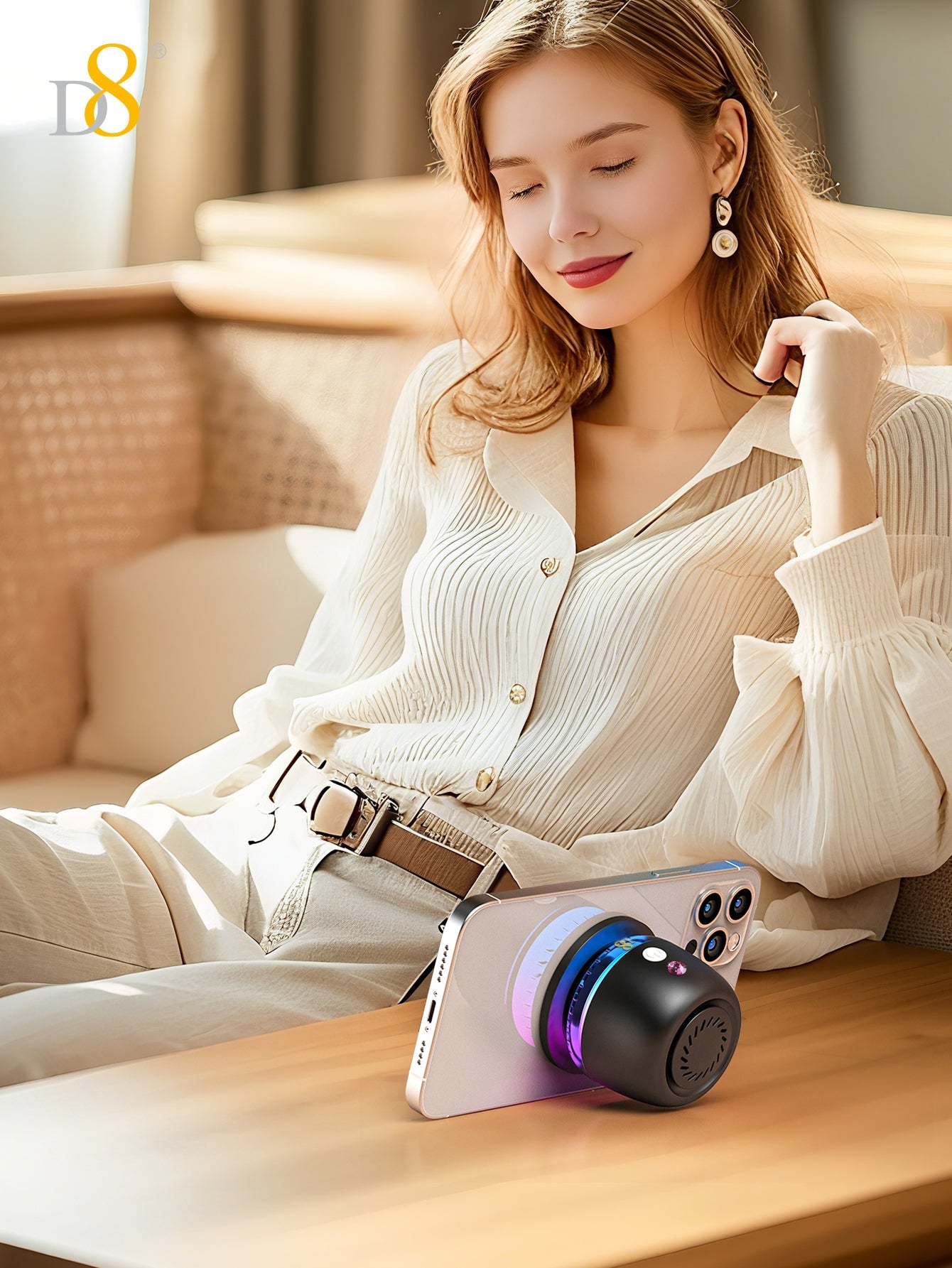 D8 Wireless Induction Magnetic Bluetooth Speaker, Portable Mini Bluetooth Loudspeaker with Bass Diaphragm, 5W Internal-Magnet, 10H Playtime, RGB Light, Including Magnetic Ring and Lanyard, Silicone folding air cabinInnovative folding airbag structure