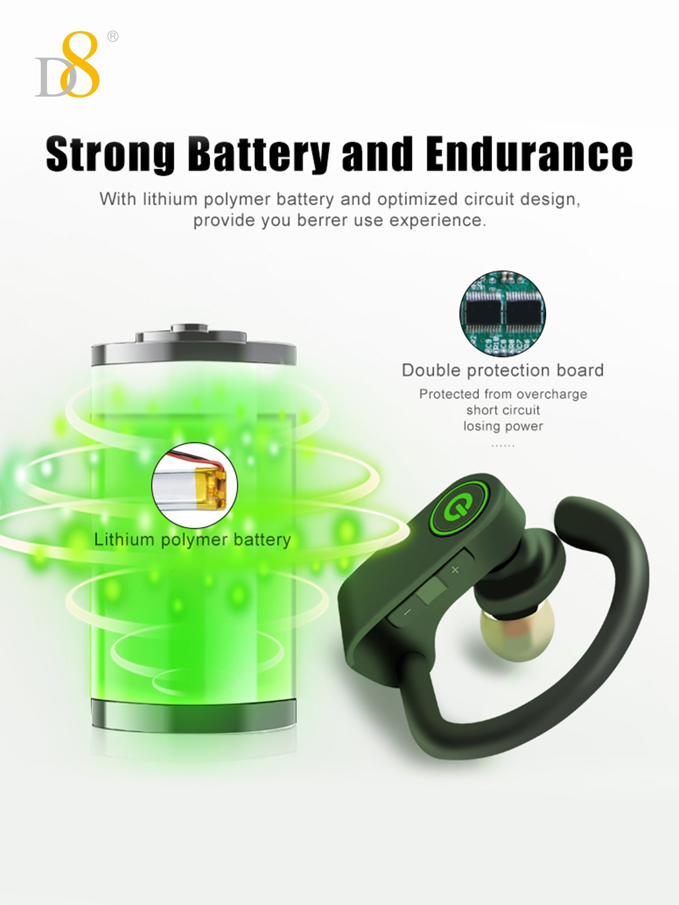 D8 Wireless Sports Earbuds, BT5.3, 10H Playtime, Deep Bass for Workouts