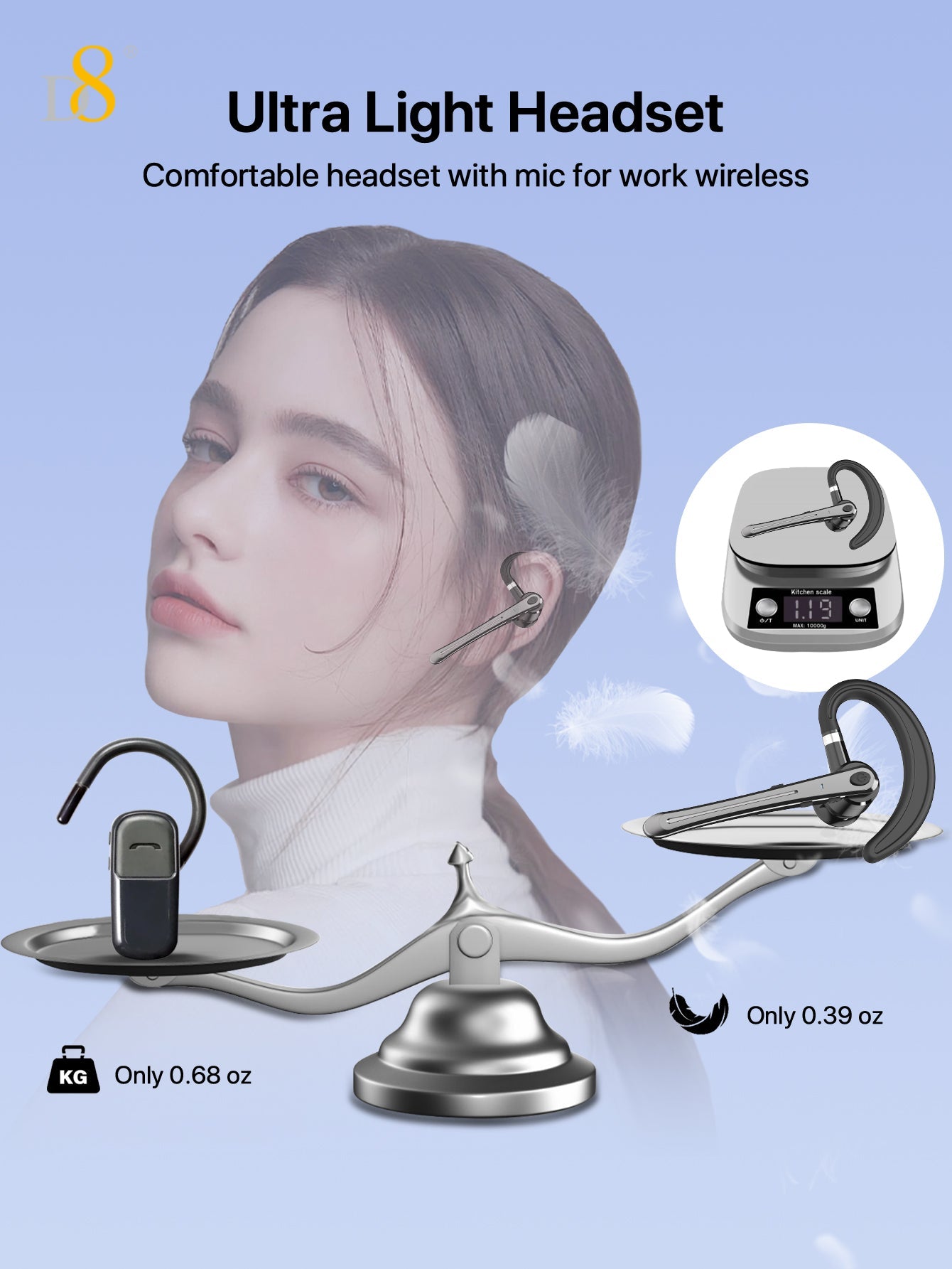 D8 Wireless Earbuds  Headphones ，Massive Charge Reserve Battery Base ，300H Long standby，In charging compartment，talk time on full charge:80HOURS，Single headset fully charged，talking time in the state:6-8HOURS, with LED Display Over-Ear Buds with Earhooks