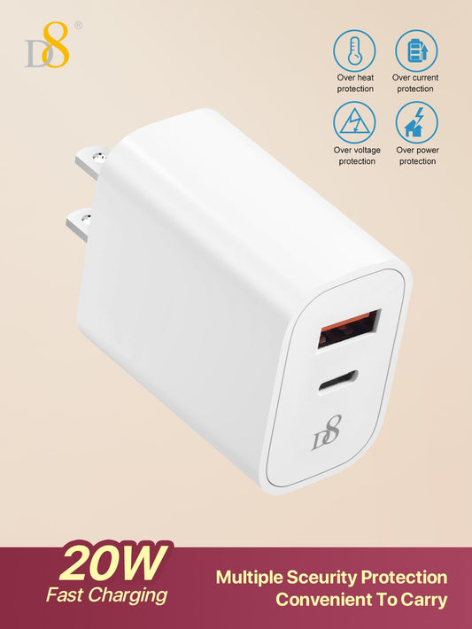 D8 20W USB C Dual Port PD Fast Charger - Type C Wall Adapter for iPhone 15, Galaxy, iPad Pro & More