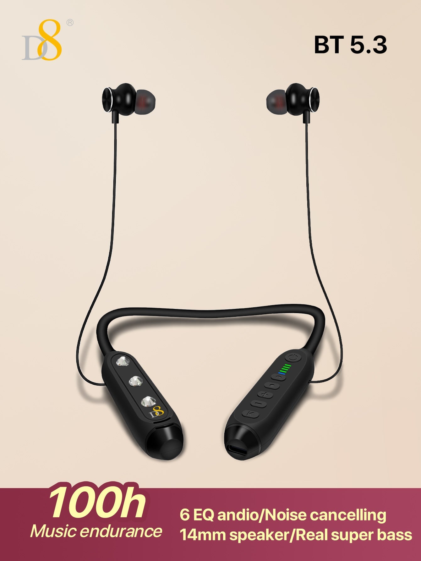 D8 Around The Neck Headphones ，100 Hours Extra Long Playback with Microphone Headset, Balanced Armature Drivers Stereo in Ear Wireless Headphones, Waterproof Workout Magnetic Neckband Earphone D8 Wireless Headphones Around Neck with Mic  Long Battery Life