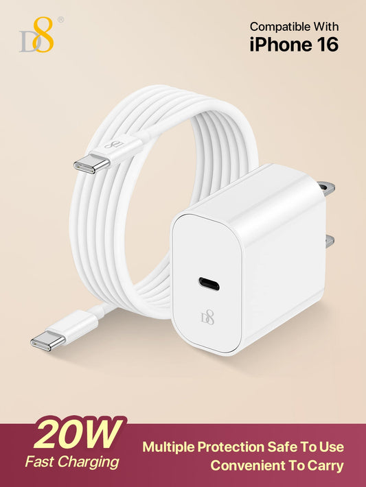 D8 20W USB C Fast Charger with PD, USB C to C Cable, 3ft Power Cord for iPhone 16 Pro, iPad Pro, iPhone 15