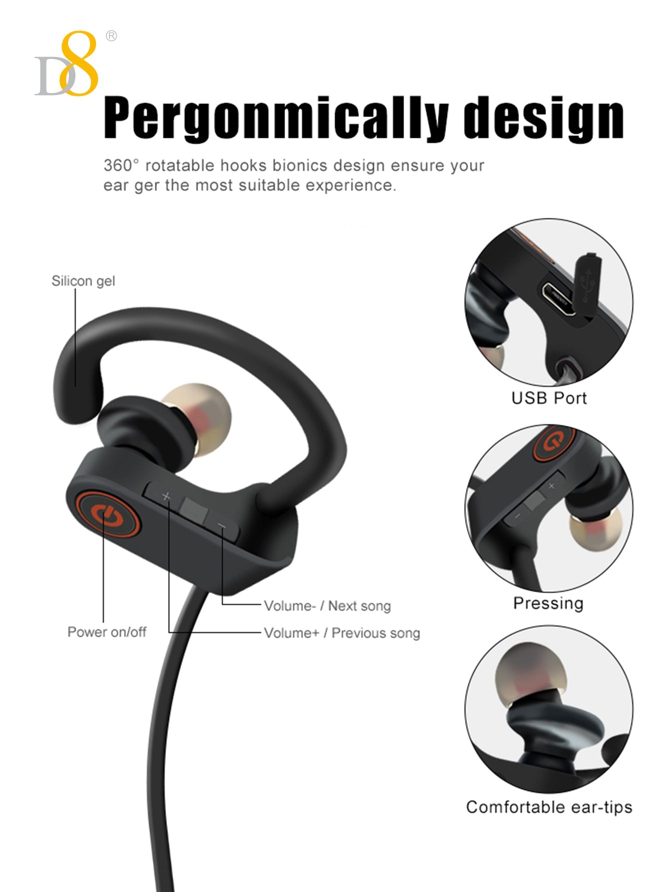 D8 Wireless Sports Earbuds, BT5.3, 10H Playtime, Deep Bass for Workouts