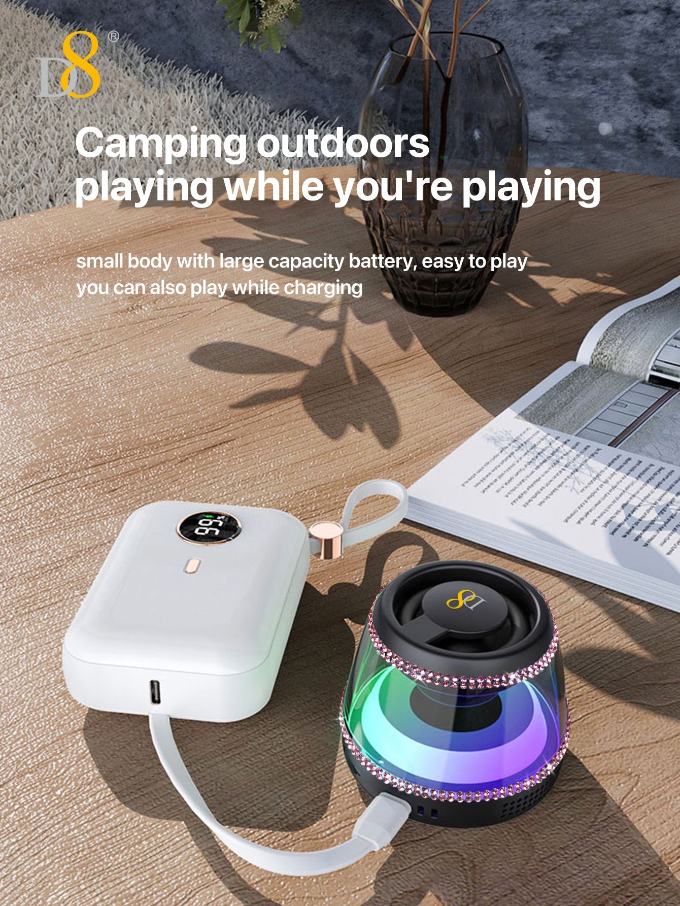 D8 Wireless Induction Magnetic Bluetooth Speaker, Portable Mini Bluetooth Loudspeaker with Bass Diaphragm, 5W Internal-Magnet, 10H Playtime, RGB Light, Including Magnetic Ring and Lanyard, Silicone folding air cabinInnovative folding airbag structure