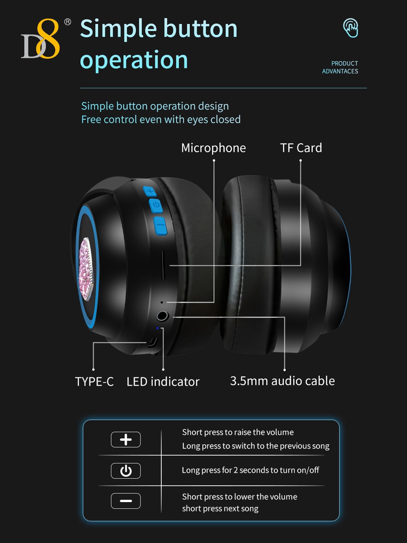 D8 Wireless  Headphones Over-Ear, with Microphone, 3.5MM Wired Stereo Headset Micro SD/TF, PC,Soft Earmuffs &Light Weight for Prolonged Wearing，Deep Bass for Home Office Cellphone PC Ect. Holiday Gift Valentine's Day Gift Christmas Gifts,Must-Haves