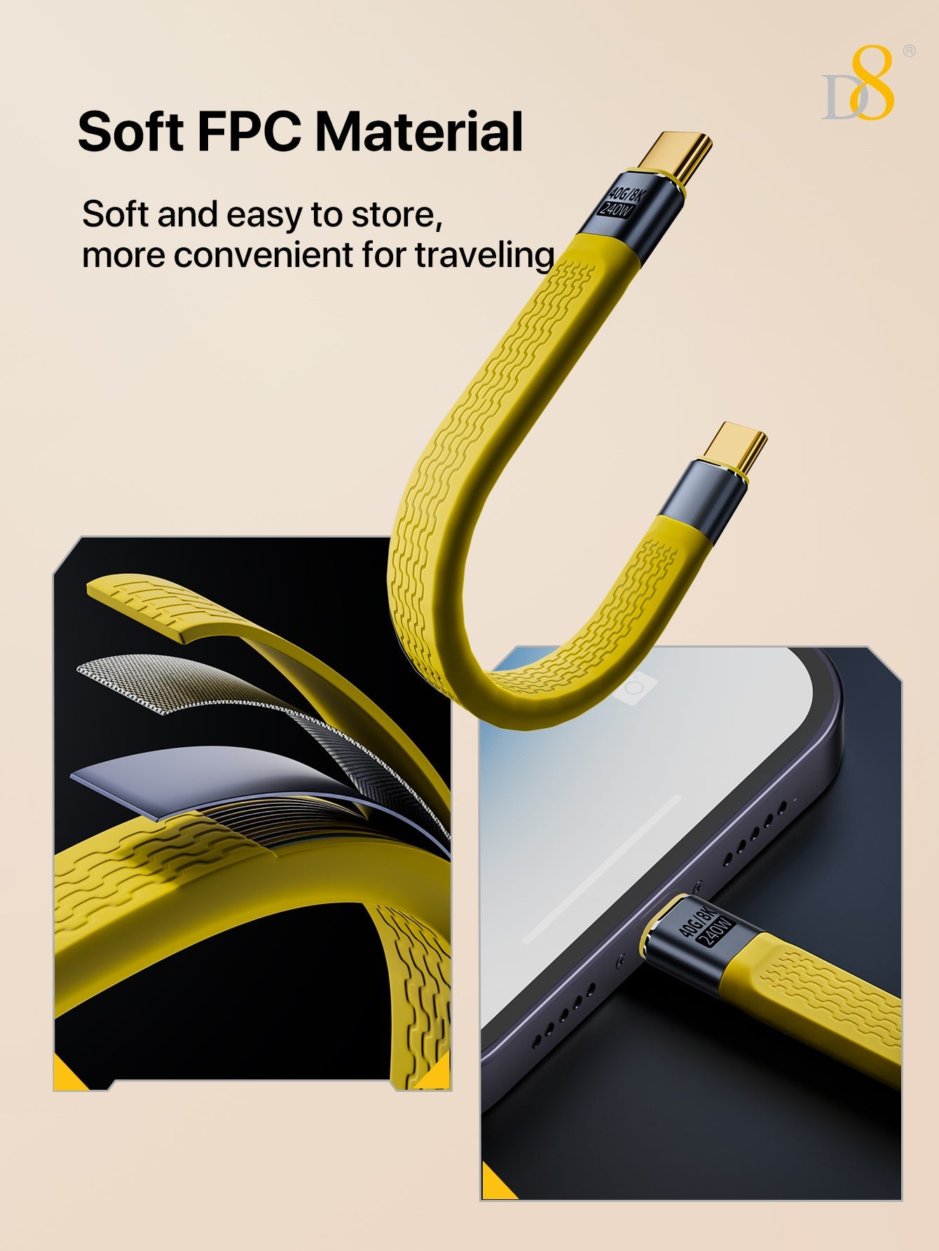D8 Type-C flat cable USB4 short cable 240W fast charging 8K screen projection 40Gb full-function FPC flexible data cable, Type C Male to Male Flat Data Short Cable 8K@60Hz Audio/Video,48V/5A Charging, for Smartphone Power Bank Laptop Tablet,13cm/5.1in