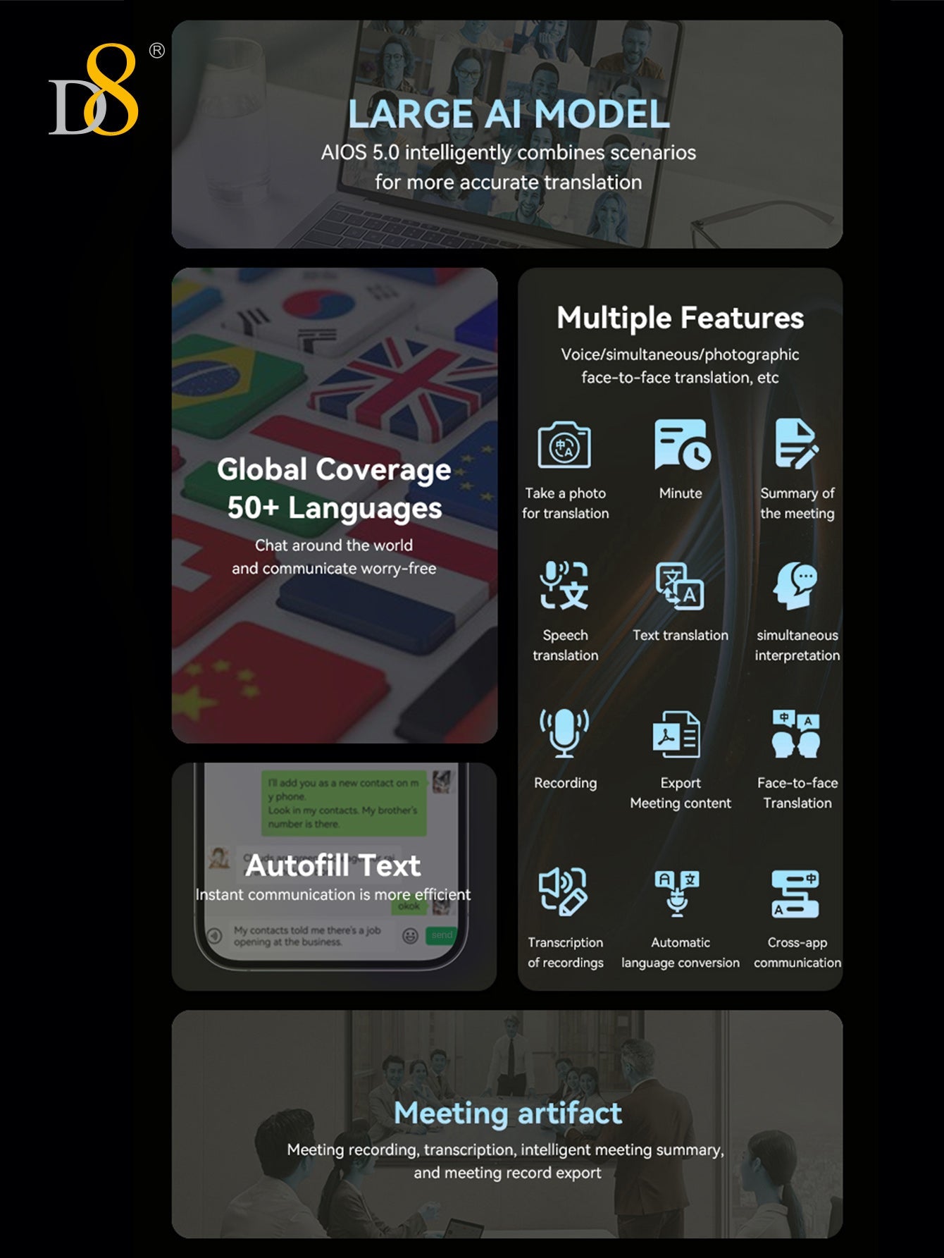 D8  AI Translator Recorder,Al Large Model |Conference Artifact | chat the World| Automatically recognize filled text Language Translator Device with APP Control, 50+ Languages Chat aroundtheworld and communicate worry-free ,NO FEE for Translate & Audio Tr