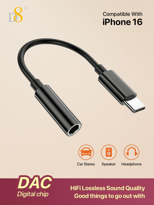 D8 USB-C to 3.5mm Adapter, Aux Dongle for iPhone 16/Galaxy/iPad/Pixel 8